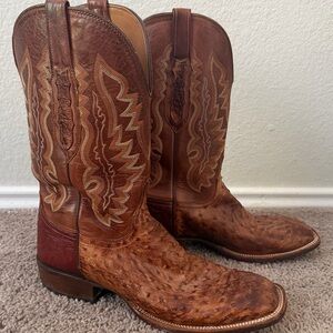 Lucchese Tan and Brown Ostrich Cowboy Boots